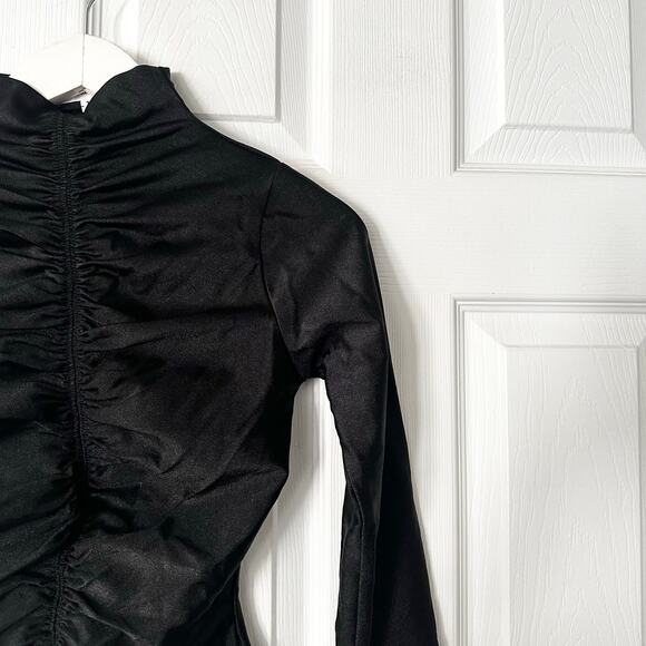 Good American Black Sheen Luster Mock Neck Ruched Front Bodysuit 1 Small GB0436 - Picture 4 of 8
